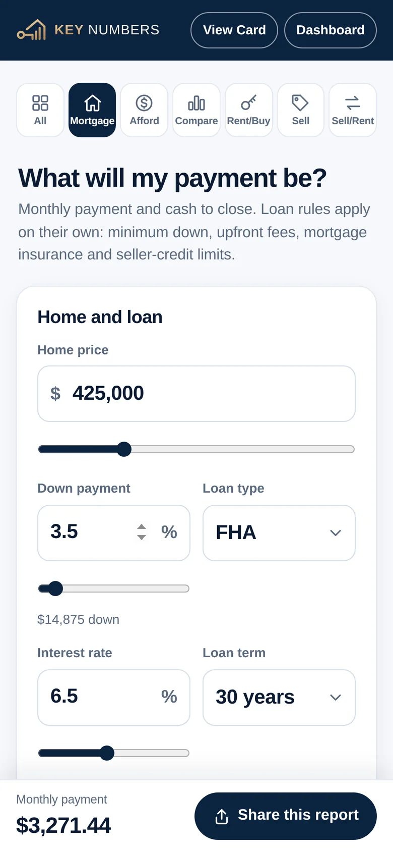 The Key Numbers payment calculator: $425,000 home, FHA, 3.5% down