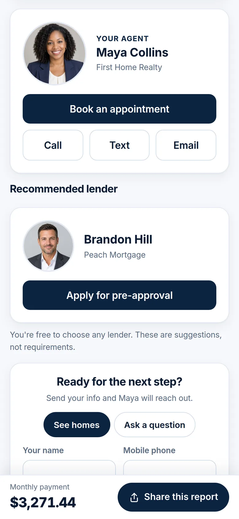 The report's agent card with Book, Call, Text, Email and the agent's recommended lender