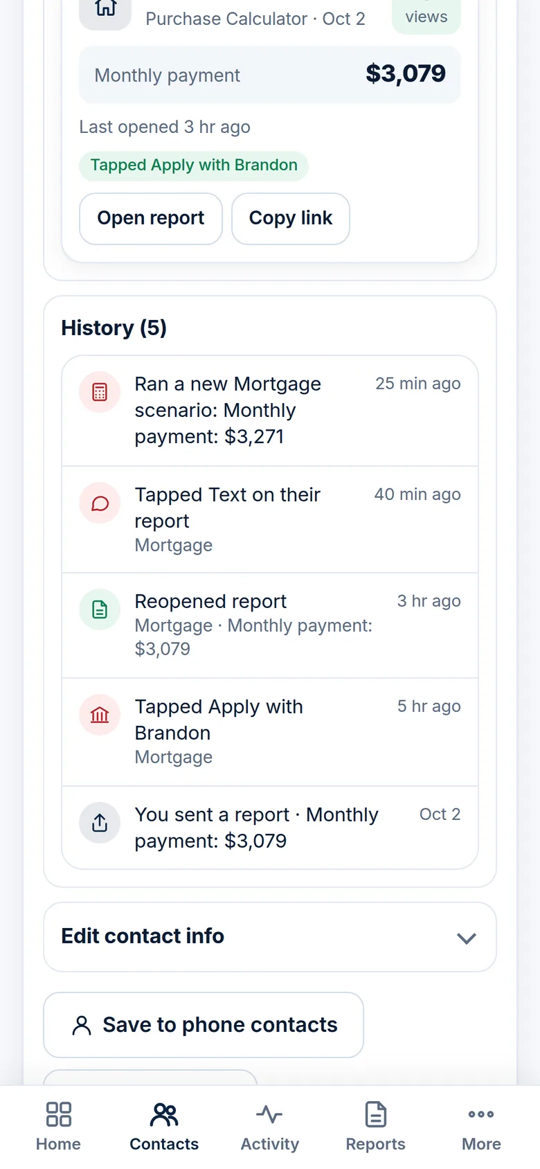 The client's activity history