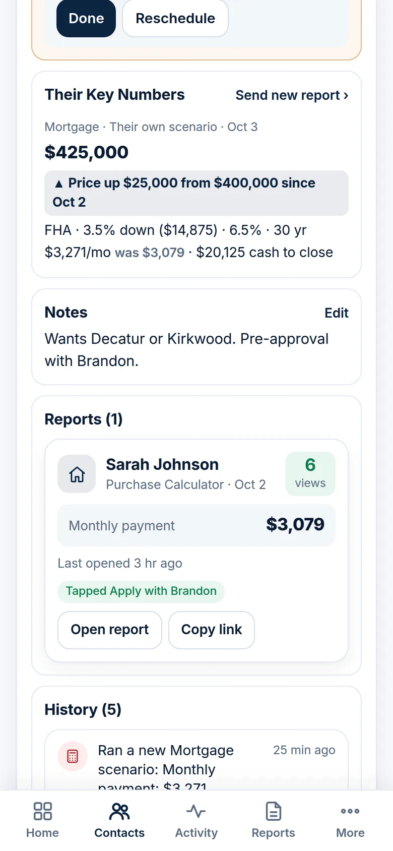 A client's Key Numbers: $425,000, price up $25,000, with notes and reports