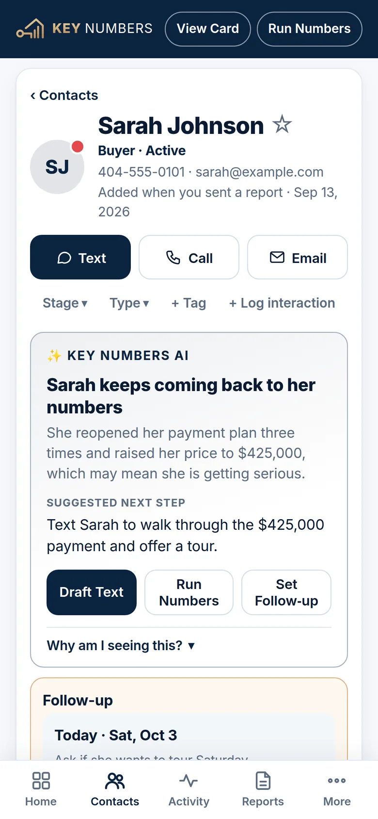 A client page with the Key Numbers AI insight and suggested next step